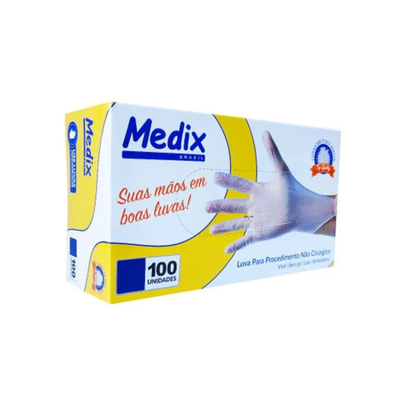 Luvas Descartáveis em Vinil Lisa sem Talco Medix Tamanho M